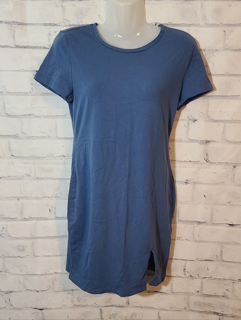 Blue Solid Crew Neck Short Sleeve Side Slit T-Shirt Dress L